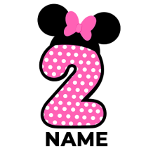 Disney Minnie Number 2 in pink with white polka dots and a pink bow, great for baby items.\n\nCaption: Celebrate a spe