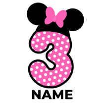Pink number 3 with white polka dots and a pink bow, inspired by Disney Minnie, ideal for baby items.\n\nCaption: Adora