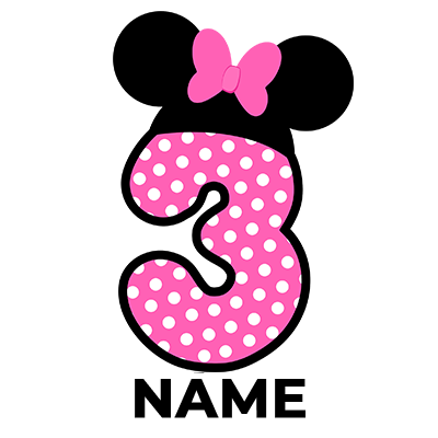 Pink number 3 with white polka dots and a pink bow, inspired by Disney Minnie, ideal for baby items.\n\nCaption: Adora