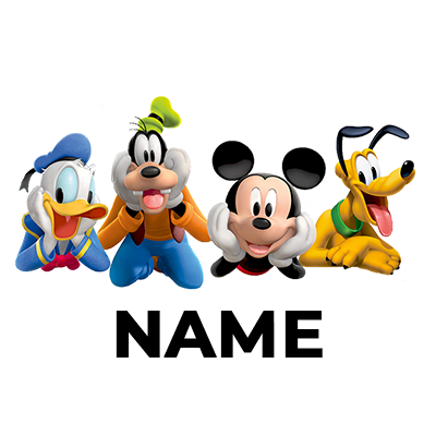 Cute Mickey, Donald, Goofy, and Pluto characters in a fun pattern for baby products like pacifiers and bibs.\n\nCaptio