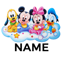 Cute Disney Mickey, Minnie, Donald, and Pluto characters on a cloud backdrop, perfect for baby products.\n\nCaption: A