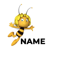 Cheerful cartoon character Maya the Bee, suitable for baby products like pacifiers and bodysuits.\n\nCaption: Discover