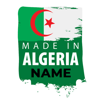 Logo featuring \"Made in Algeria\" with national colors and design, representing a baby product line.\n\nCaption: Expl