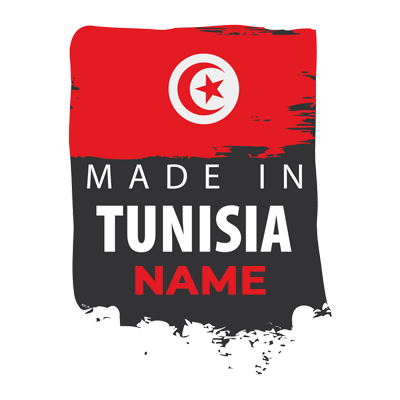 Made in Tunisia model-1 label, featuring red background with white and black text, suitable for baby products.\n\nCapt