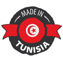 Made in Tunisia badge featuring a red and black design, emphasizing quality baby products.\n\nCaption: Discover our ra