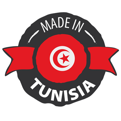 Made in Tunisia badge featuring a red and black design, emphasizing quality baby products.\n\nCaption: Discover our ra