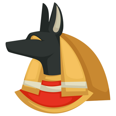 Anubis, depicted as a dog-headed figure, styled for baby products, perfect for pacifiers and bodysuits.\n\nCaption: Ad