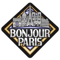 Bonjour Paris logo featuring iconic Parisian landmarks, suitable for a baby product line.\n\nCaption: Discover the cha