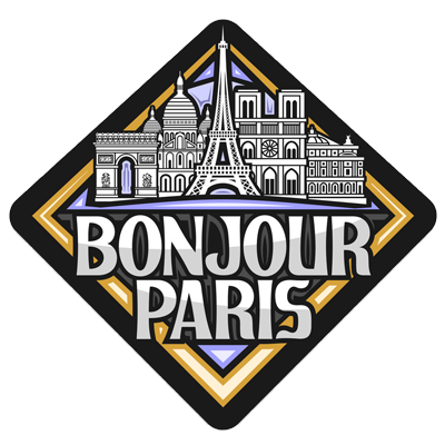 Bonjour Paris logo featuring iconic Parisian landmarks, suitable for a baby product line.\n\nCaption: Discover the cha