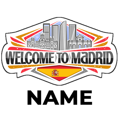 Decorative \"Welcome to Madrid\" logo featuring iconic buildings and vibrant colors, perfect for baby products.\n\nCap