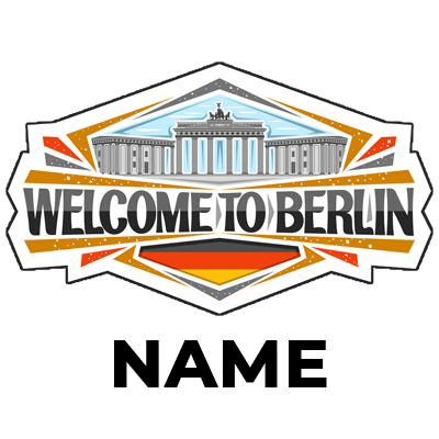 Colorful \"Welcome to Berlin\" design featuring the Brandenburg Gate, perfect for baby products.\n\nCaption: Celebrate