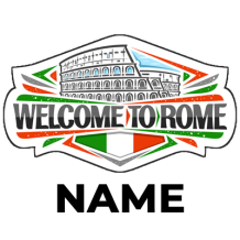 \"Welcome to Rome badge featuring the Colosseum and colorful Italian flag elements, ideal for baby products.\"\n\nCapt