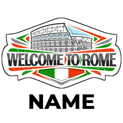 \"Welcome to Rome badge featuring the Colosseum and colorful Italian flag elements, ideal for baby products.\"\n\nCapt