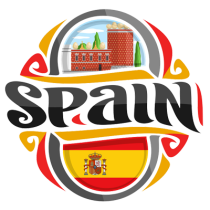 Colorful graphic featuring the word \"Spain\" surrounded by iconic designs and the Spanish flag, ideal for baby produc