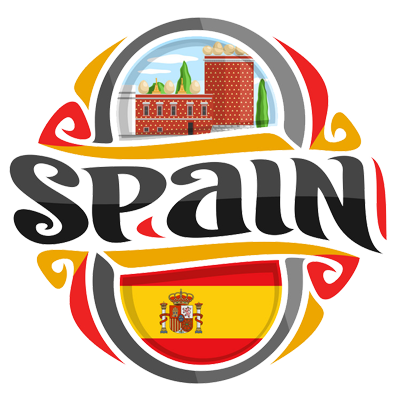 Colorful graphic featuring the word \"Spain\" surrounded by iconic designs and the Spanish flag, ideal for baby produc