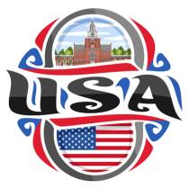 Colorful logo featuring \"USA\" with an American flag and iconic building design, ideal for baby products.\n\nCaption:
