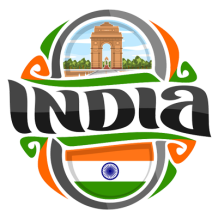 Colorful design featuring \"India\" with iconic landmarks and national colors, suitable for baby products.\n\nCaption: