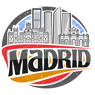 Graphic design featuring the skyline of Madrid with the word \"Madrid\" boldly displayed, suitable for baby product br