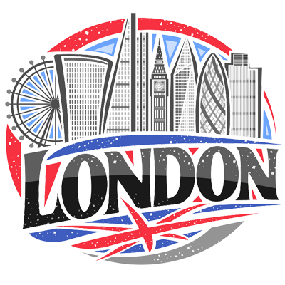 Design featuring iconic London landmarks, suitable for baby products like pacifiers and bibs.\n\nCaption: Celebrate Lo