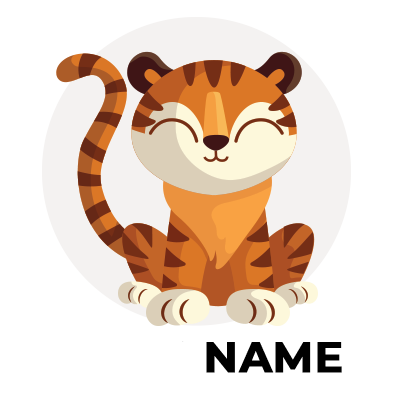 A cute cartoon tiger character with a smiling face, ideal for baby products like bibs or pacifiers. \n\nCaption: Adora