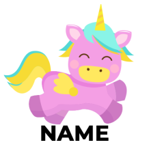 Cute unicorn cartoon design featured on various baby products like pacifiers and bibs.\n\nCaption: Adorn your baby\'s 