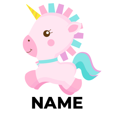 Cute yellow unicorn character with a blue and pink mane, perfect for baby products like pacifiers and bibs. \n\nCaptio
