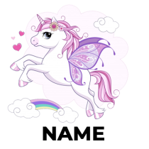 A colorful cartoon unicorn with a rainbow mane playing on a rainbow, surrounded by stars and clouds.\n\nCaption: Add a