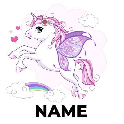 A colorful cartoon unicorn with a rainbow mane playing on a rainbow, surrounded by stars and clouds.\n\nCaption: Add a