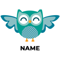 A cheerful cartoon owl with spread wings, designed for baby products, representing the Funny Owl collection.\n\nCaptio