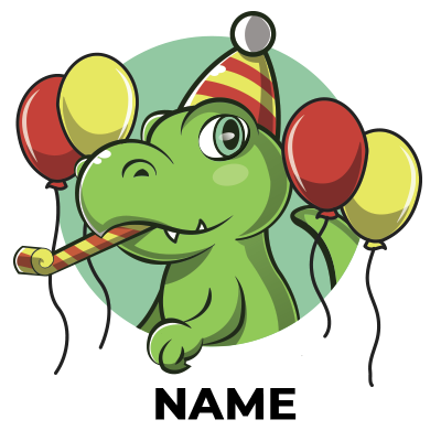 Fun green dinosaur wearing a birthday hat, holding balloons and a party horn for a festive celebration. \n\nCaption: C
