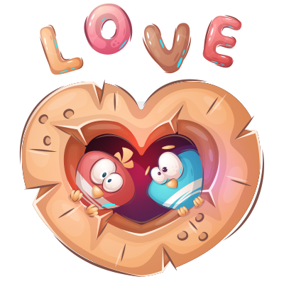 A cute illustration of two owls peeking through a heart-shaped cookie with the word \"LOVE\" above them.\n\nCaption: A