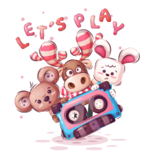 Colorful cartoon design featuring playful animal characters with the text \"Let\'s Play,\" perfect for baby products.\
