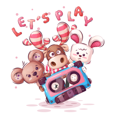Colorful cartoon design featuring playful animal characters with the text \"Let\'s Play,\" perfect for baby products.\