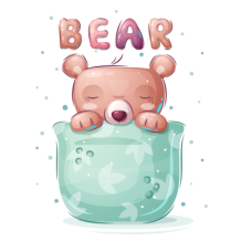 Adorable illustrated bear sleeping in a light green pouch, surrounded by playful pastel elements. \n\nCaption: Discove