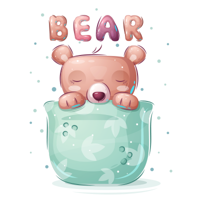 Adorable illustrated bear sleeping in a light green pouch, surrounded by playful pastel elements. \n\nCaption: Discove