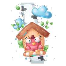 Colorful Funny Animals Bird house with a cartoon bird, leaves, and clouds, perfect for a nursery decor.\n\nCaption: Br