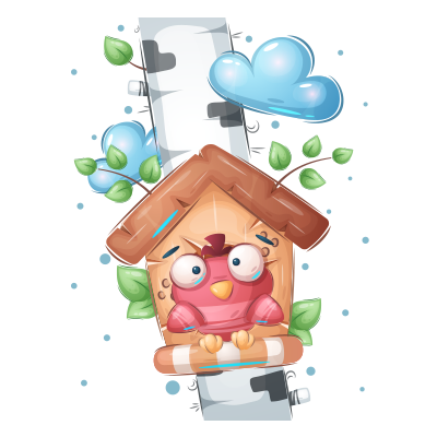 Colorful Funny Animals Bird house with a cartoon bird, leaves, and clouds, perfect for a nursery decor.\n\nCaption: Br