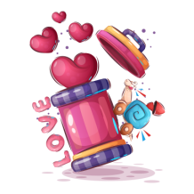 Colorful jar labeled \"Love\" with a playful toy and hearts floating above, representing the Funny Animals Love versio