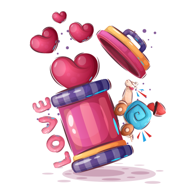 Colorful jar labeled \"Love\" with a playful toy and hearts floating above, representing the Funny Animals Love versio