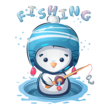 Cute penguin character fishing with a fishing rod, wearing a blue hat, perfect for baby-themed products.\n\nCaption: A
