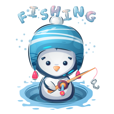 Cute penguin character fishing with a fishing rod, wearing a blue hat, perfect for baby-themed products.\n\nCaption: A