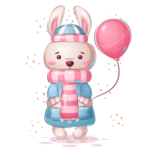 Cute rabbit character wearing a blue coat and pink scarf, holding a pink balloon, perfect for baby product themes.\n\n