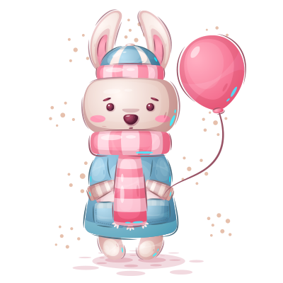Cute rabbit character wearing a blue coat and pink scarf, holding a pink balloon, perfect for baby product themes.\n\n