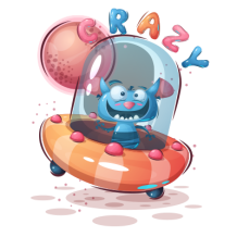 Colorful cartoon of a blue baby alien in a spaceship with \"CRAZY\" above, perfect for baby products.\n\nCaption: Expl