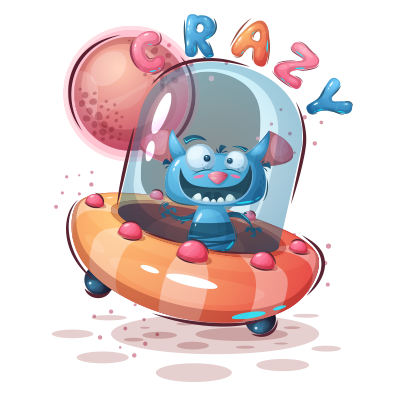 Colorful cartoon of a blue baby alien in a spaceship with \"CRAZY\" above, perfect for baby products.\n\nCaption: Expl