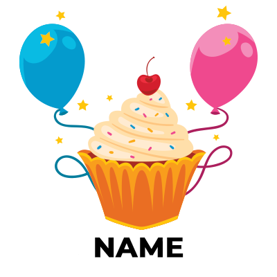 Colorful illustration of a cupcake topped with frosting and balloons for a birthday celebration.\n\nCaption: Celebrate