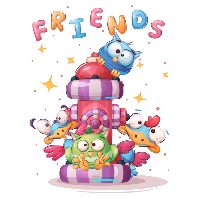 Colorful illustration of playful animal friends stacked together with the word \"FRIENDS\" above, designed for baby pr