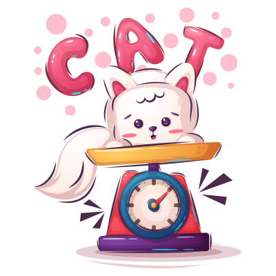Cute cartoon cat on a scale with the word \"CAT\" above it, perfect for a baby\'s playful environment.\n\nCaption: Ado