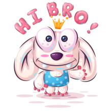 Cute cartoon dog character saying \"Hi Bro\" with a crown, perfect for baby products and gifts.\n\nCaption: Say hello 