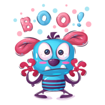 Colorful cartoon character with big eyes and ears, playfully saying \"Boo!\" suitable for baby products.\n\nCaption: M